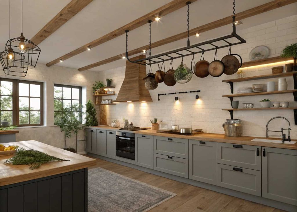 A modern farmhouse kitchen with hanging wooden racks for pots and utensils, cozy and functional interior design”