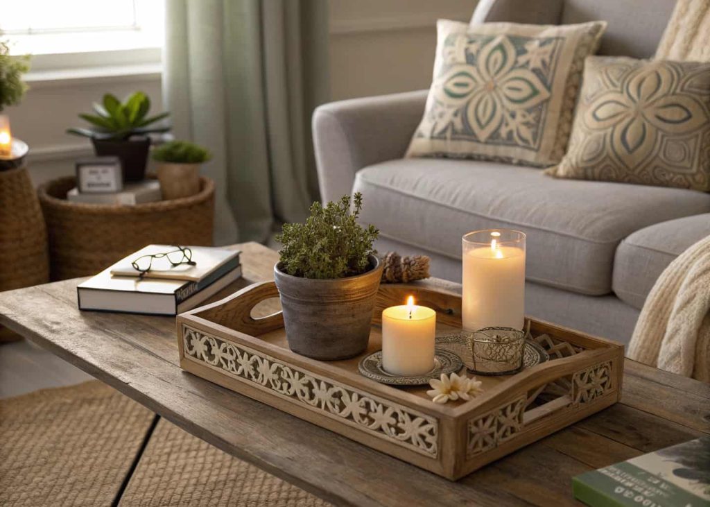 A wooden decorative tray on a coffee table with candles, small plants, and books, cozy stylish living room interior”
