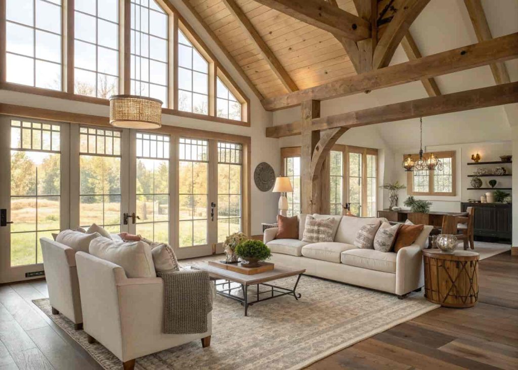 A cozy farmhouse open concept living space with neutral furniture, wooden beams, large windows, bright and inviting interior design”