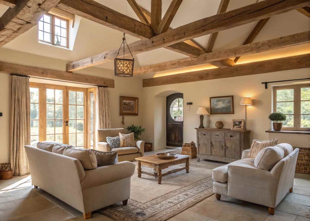 “A farmhouse interior with exposed wooden ceiling beams, neutral walls, cozy furniture, warm natural lighting”