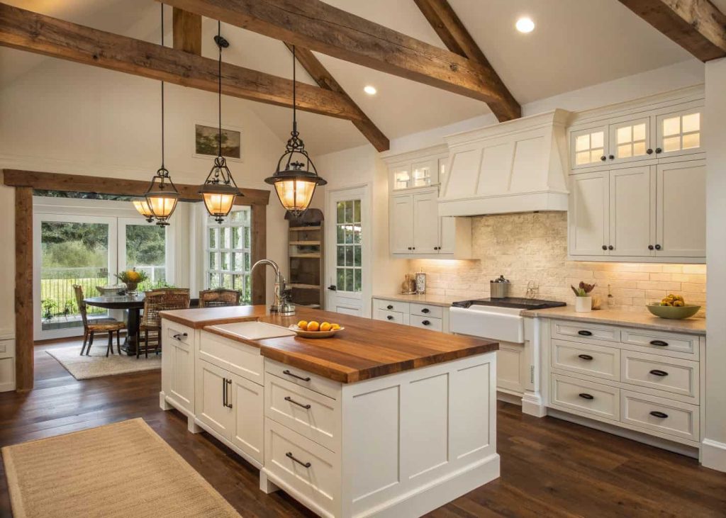 A farmhouse kitchen with white cabinets, wooden countertops, large farmhouse sink, pendant lighting, cozy rustic style”