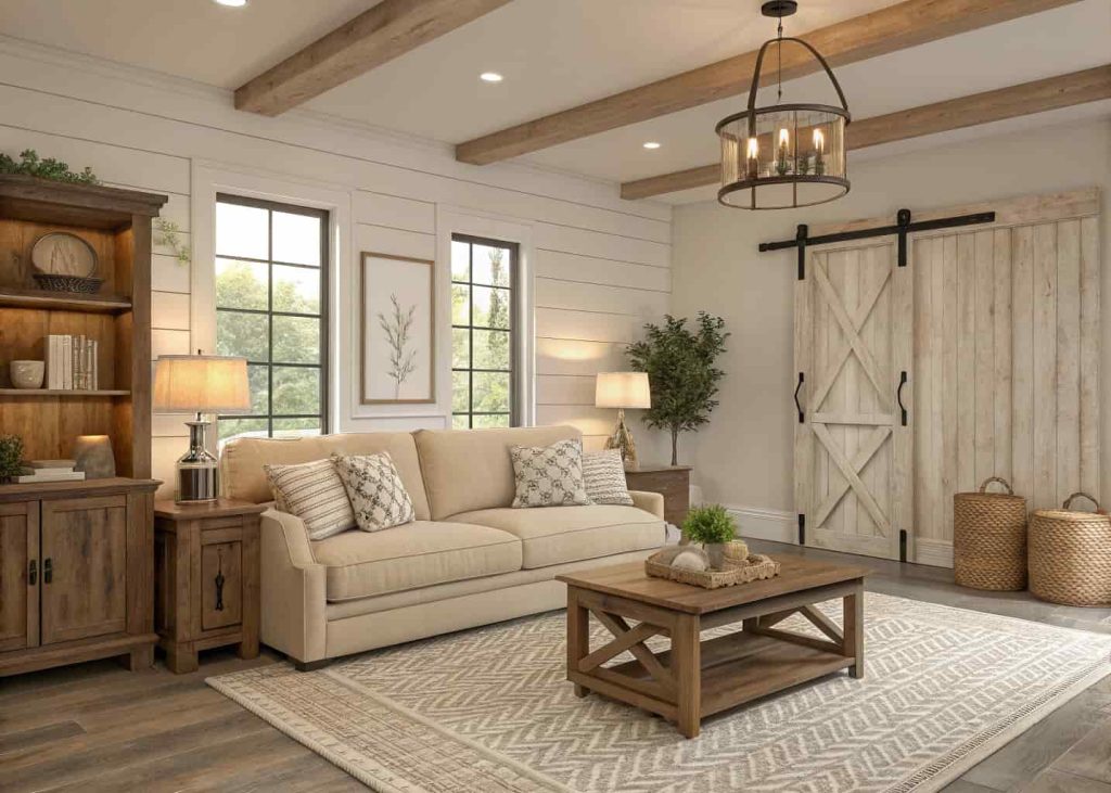 “A farmhouse living room with a neutral color palette, beige sofa, wooden accents, soft lighting, cozy and stylish interior”