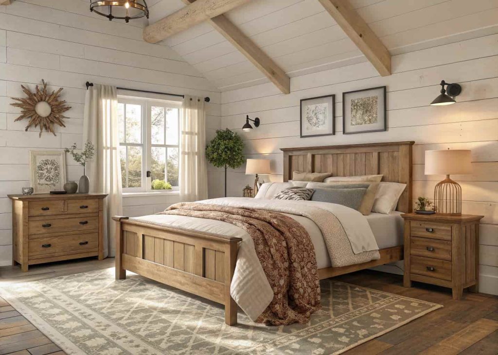 A cozy farmhouse bedroom with wooden bed frame, layered bedding, soft neutral colors, warm and inviting interior”