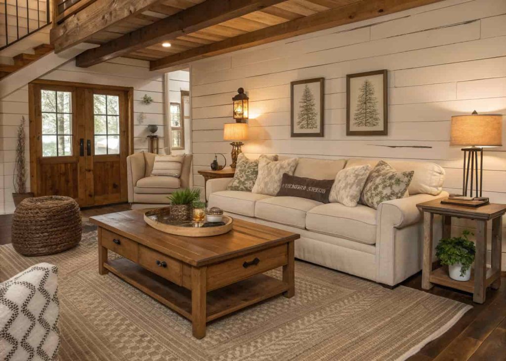 A rustic farmhouse living room with wooden coffee table, neutral sofas, cozy rugs, shiplap walls, warm and inviting interior”