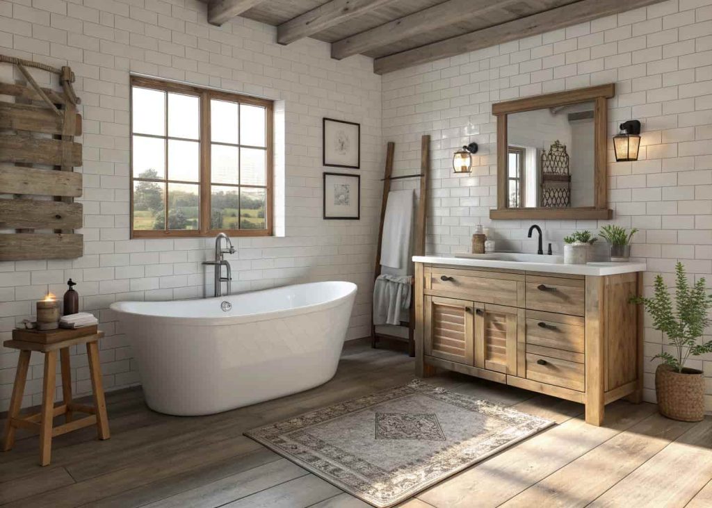“A farmhouse bathroom with freestanding tub, wooden vanity, subway tiles, neutral color palette, stylish rustic interior