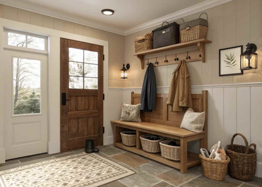 A farmhouse entryway with wooden bench, baskets, coat hooks, neutral tones, warm and inviting interior”