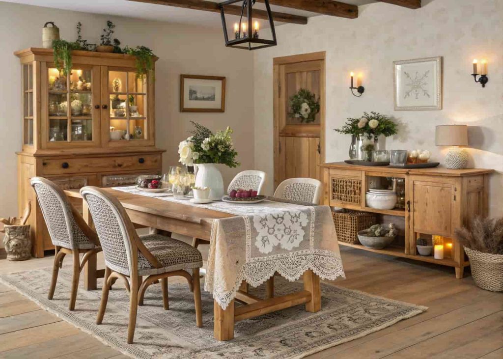 “A farmhouse dining room with vintage wooden table and chairs, cozy decor, rustic-modern interior design”