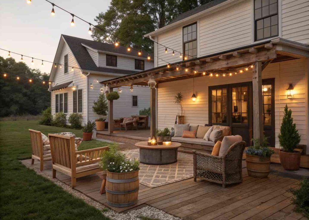 “A farmhouse outdoor patio with wooden furniture, string lights, potted plants, cozy and stylish rustic exterior design”