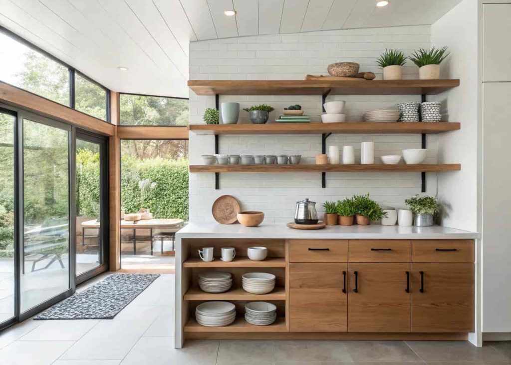 A modern kitchen with wooden open shelves displaying dishes, mugs, small potted plants, minimalistic and stylish interior design”