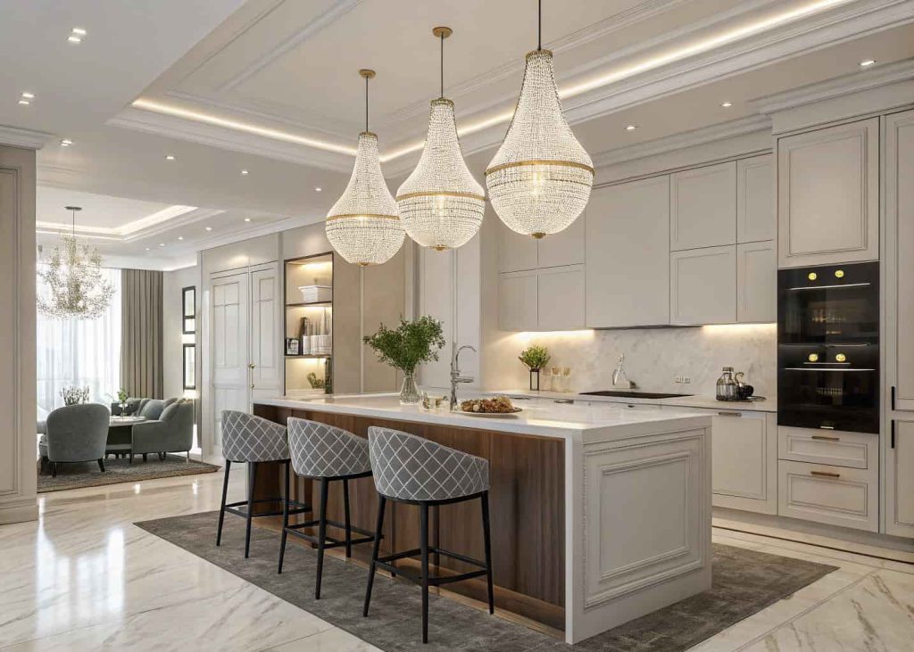A stylish modern kitchen island with unique pendant lights hanging above, elegant contemporary interior with bright lighting”