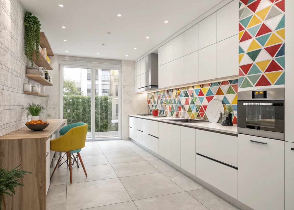 “A modern kitchen with a bold geometric tile backsplash in bright colors, sleek white cabinets, stylish contemporary interior