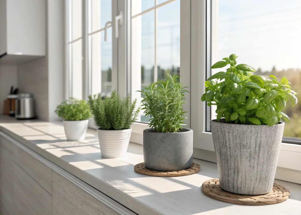 A modern kitchen windowsill with small potted herbs like basil and rosemary, bright natural sunlight, fresh and stylish interior”