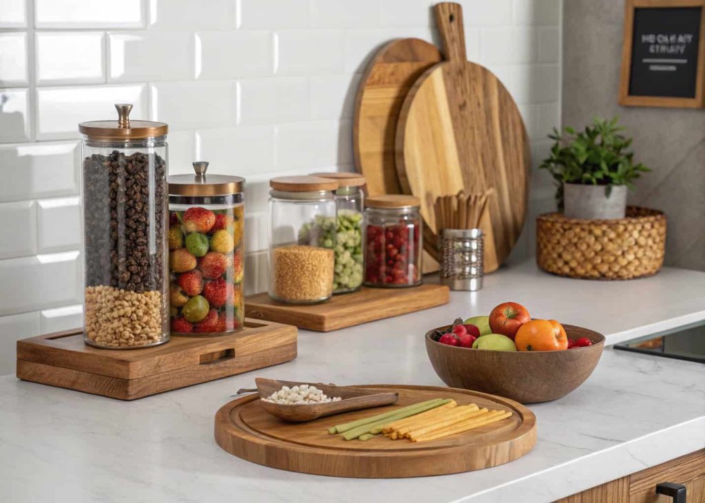 A modern kitchen countertop with decorative jars, wooden cutting boards, and a stylish fruit bowl, cozy and elegant interior”
