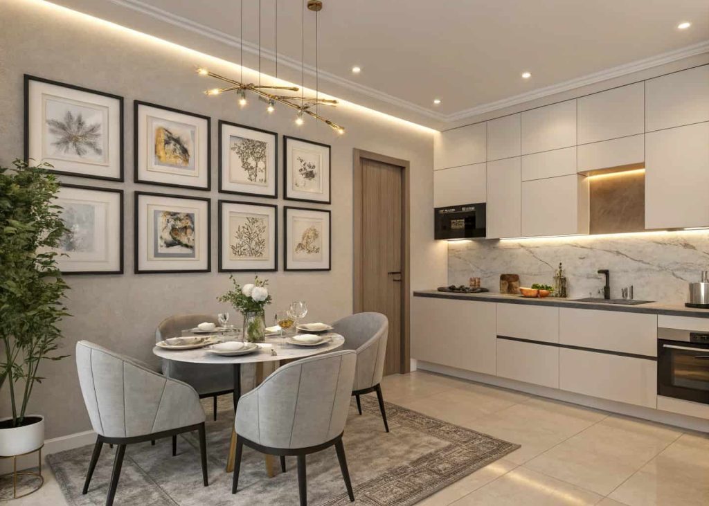 A modern kitchen with framed wall art above the dining table, stylish contemporary decor, neutral color palette, cozy interior”