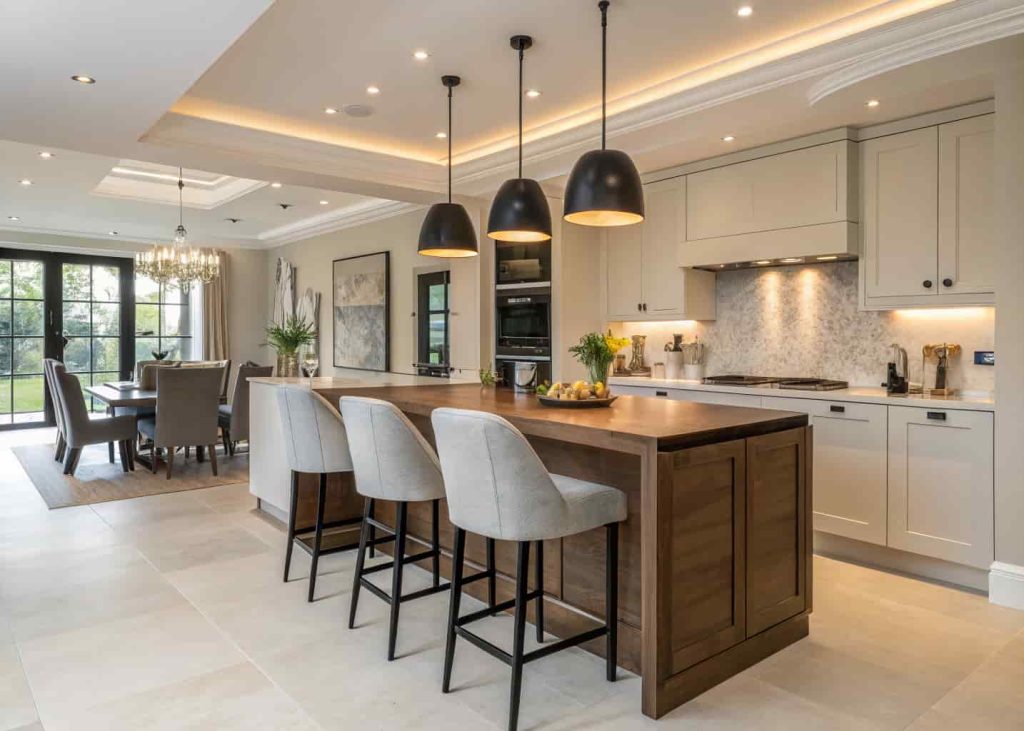 A modern kitchen island with stylish bar stools, wooden countertop, sleek pendant lighting, trendy contemporary interior”
