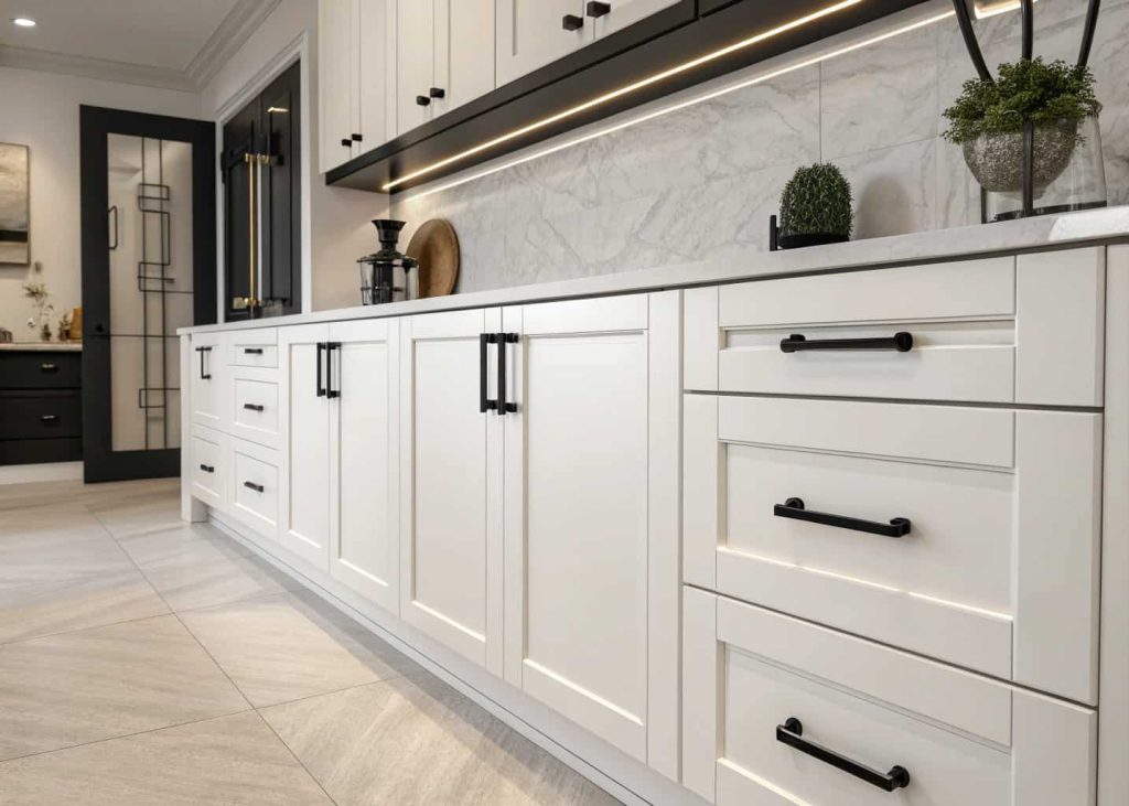 A modern kitchen cabinet with matte black handles and knobs, white cabinets, sleek and stylish interior design”