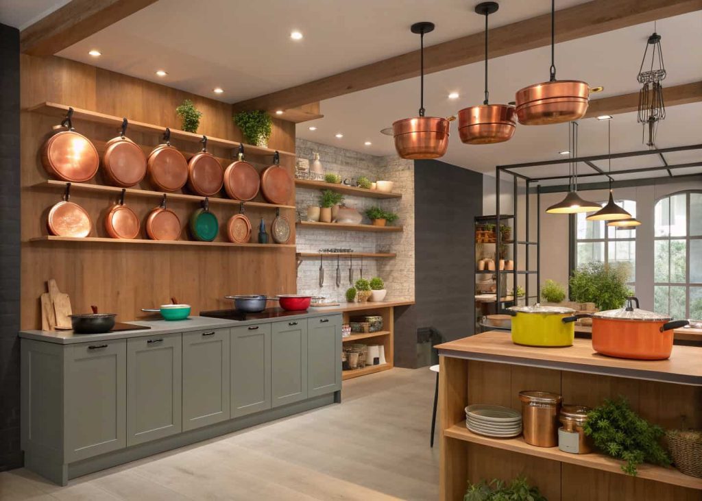 A modern kitchen with hanging copper pots and open shelves displaying colorful cookware, warm contemporary interior”