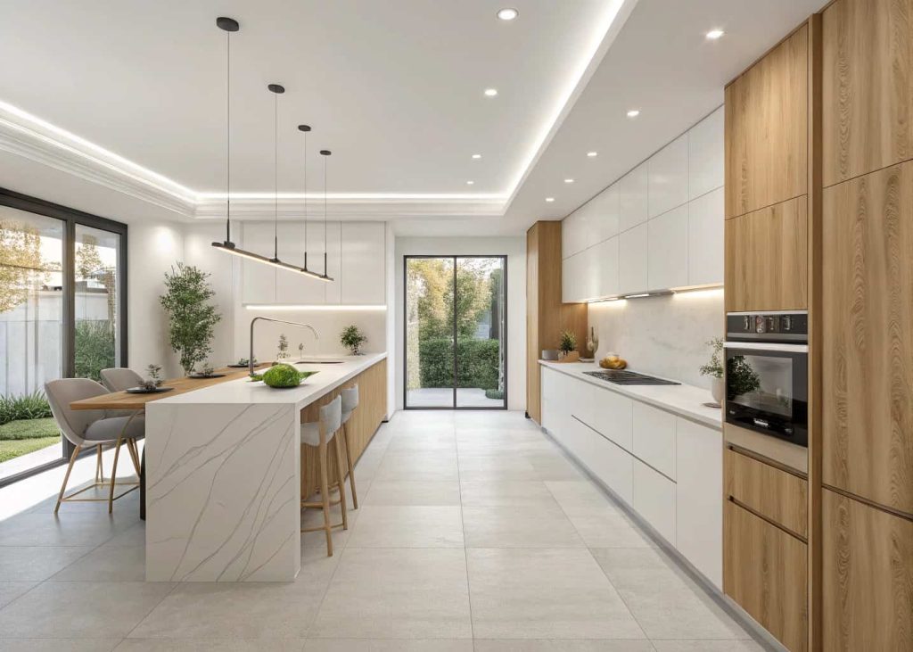 A modern kitchen with a minimalist color palette of white and light wood, sleek countertops, bright and airy interior”