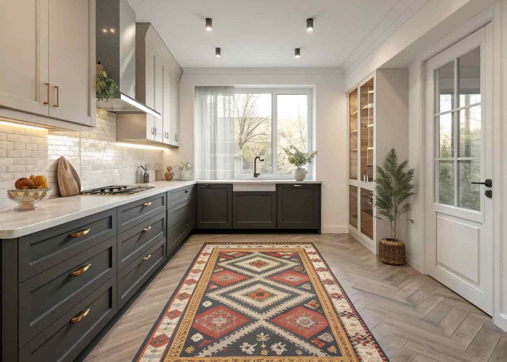 A modern kitchen with a patterned rug in front of the sink, sleek cabinetry, bright interior, cozy and stylish design”