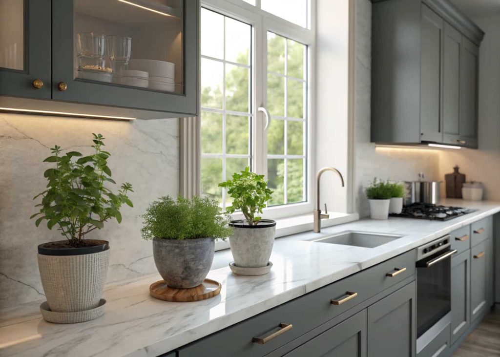 A modern kitchen with small potted plants on the countertop and windowsill, fresh and cozy contemporary interior”