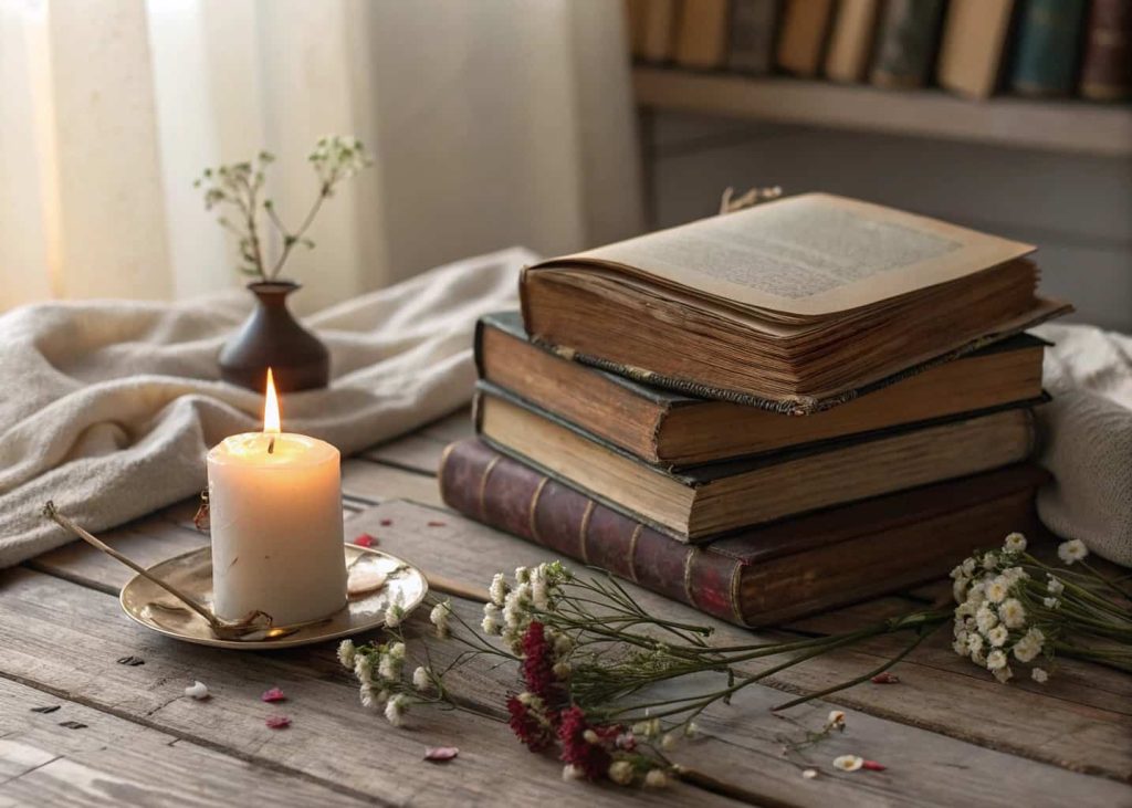 vintage book stack centerpiece on wooden table with candle and small flowers, cozy aesthetic, warm lighting, book lover home decor