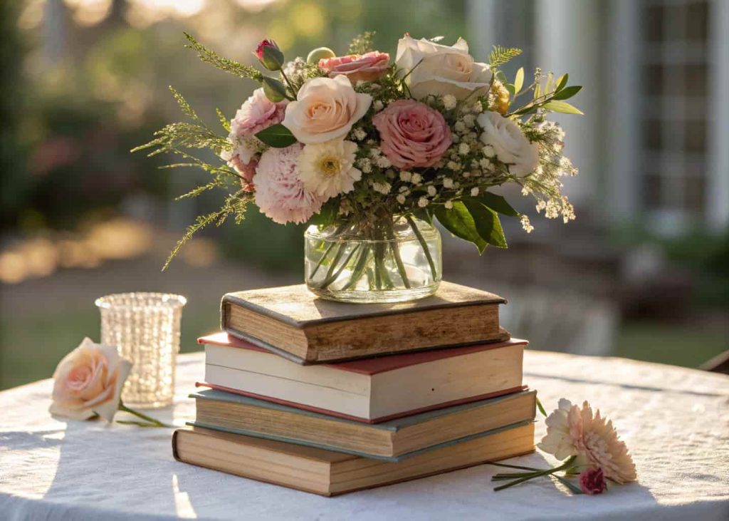 stack of books with flower vase on top, romantic floral book centerpiece, elegant table decor, soft natural lighting