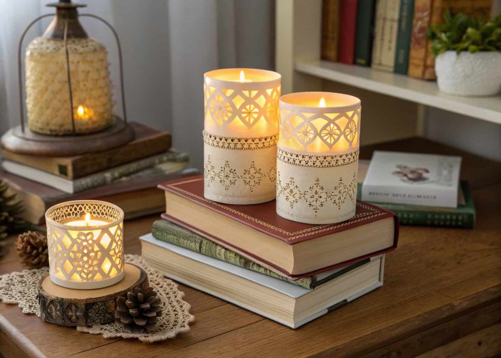 decorative candles placed on stacked books, warm glowing candlelight, cozy book themed table decor
