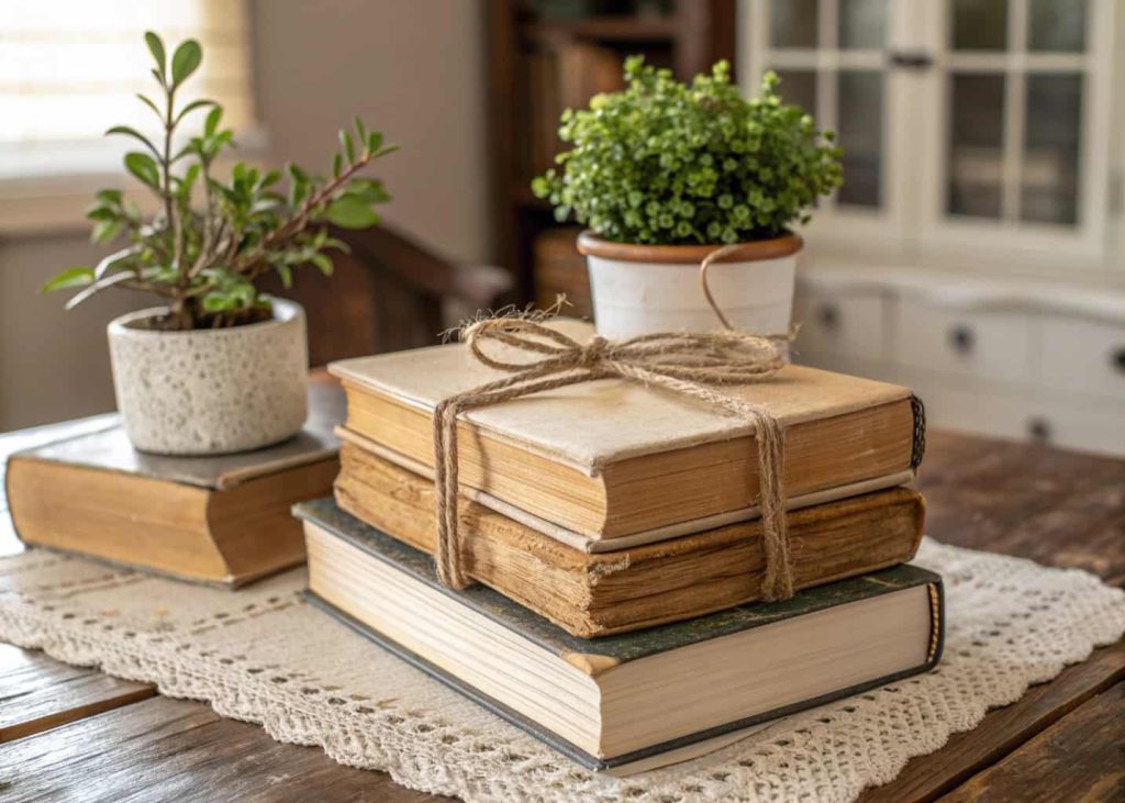 stacked books tied with rustic twine, farmhouse style table decor with small plant, warm natural aesthetic