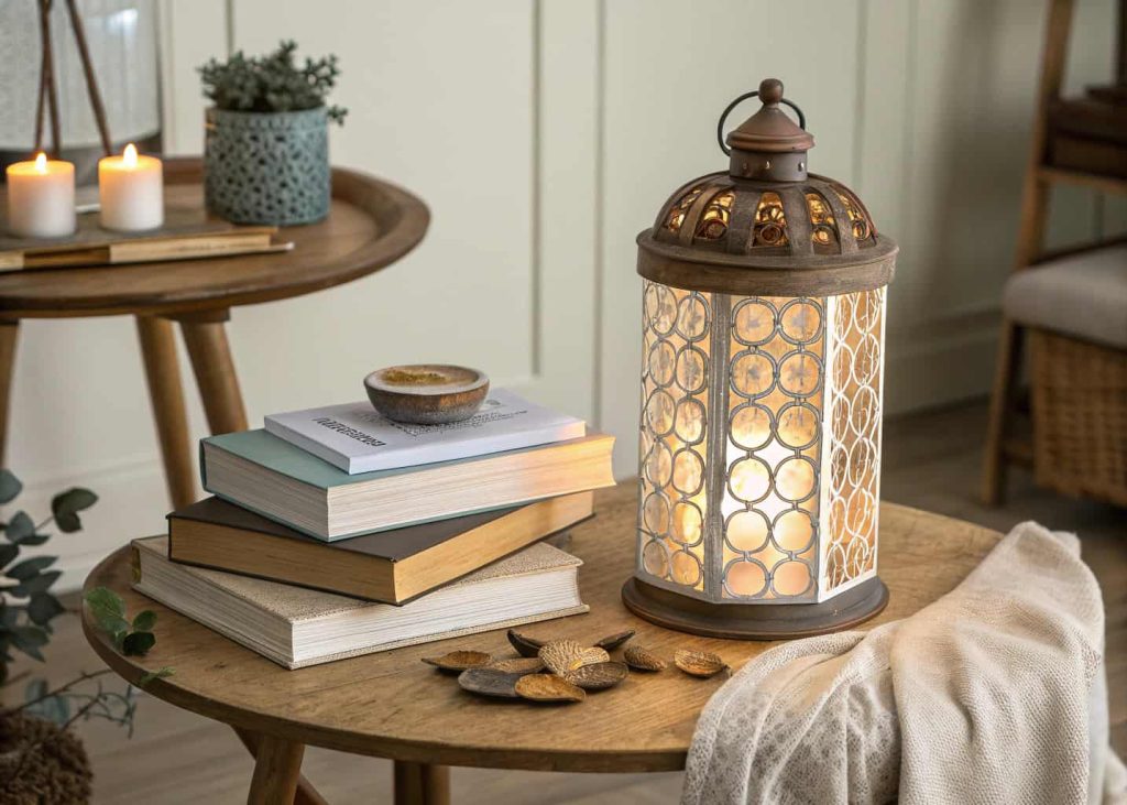 decorative lantern placed on stack of books, warm glowing light, rustic elegant table centerpiece