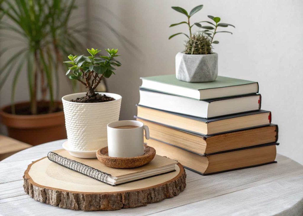stack of books with small potted plant on top, modern natural table decor, cozy reading inspired design