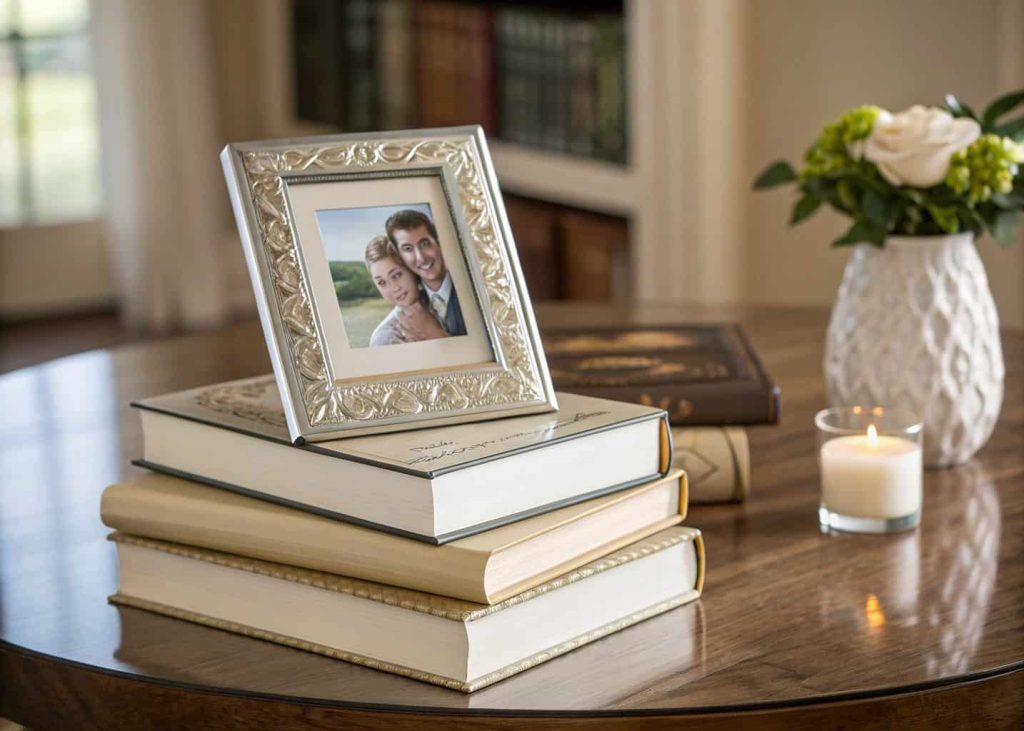 stack of books with decorative photo frame on top, elegant personalized table centerpiece