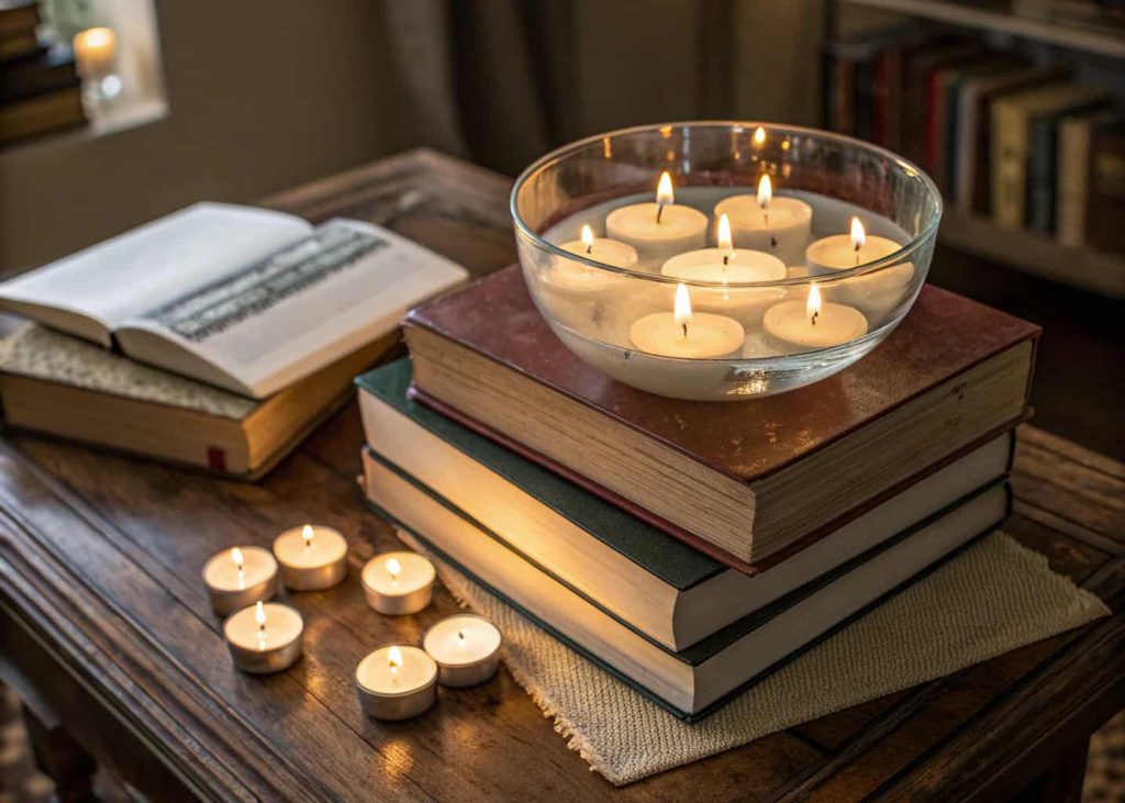 glass bowl with floating candles placed on stacked books, romantic glowing table decor
