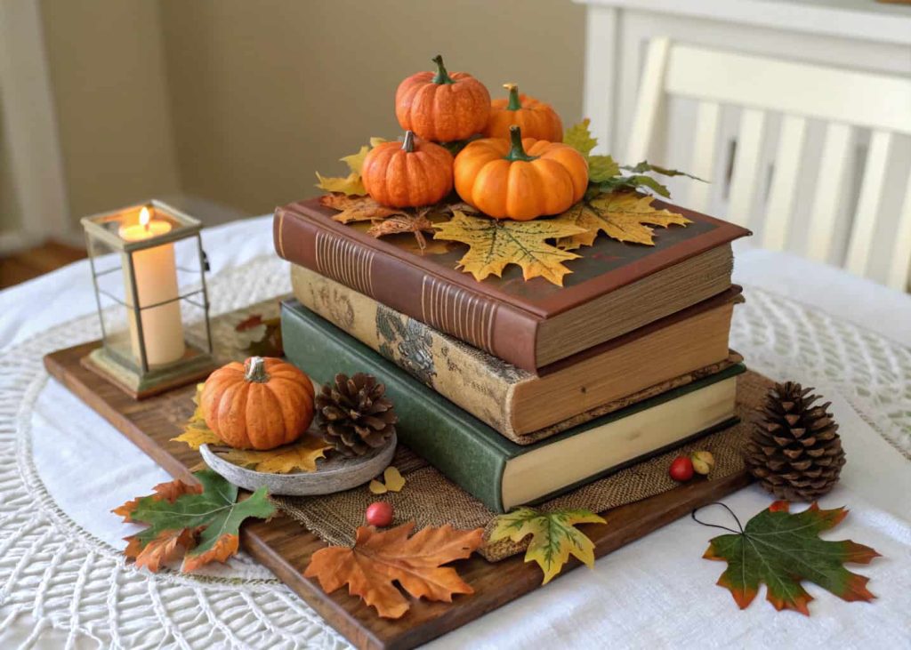 seasonal book centerpiece with small pumpkins and leaves on stacked books, cozy autumn table decor