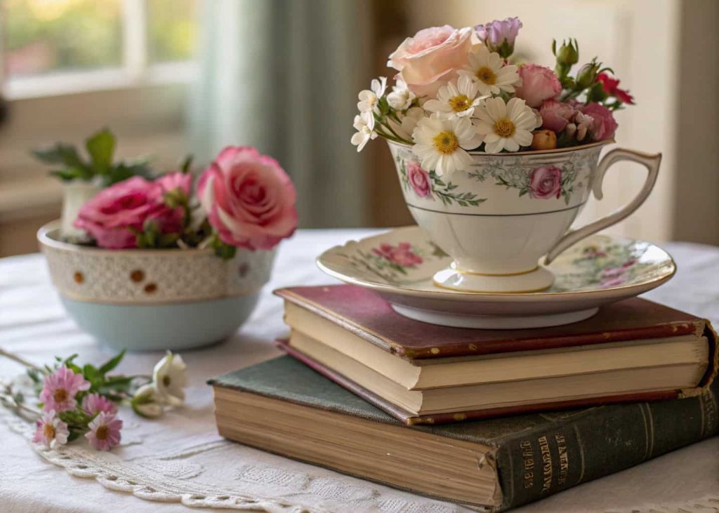 vintage teacup placed on stack of books with flowers inside, charming tea party table decor
