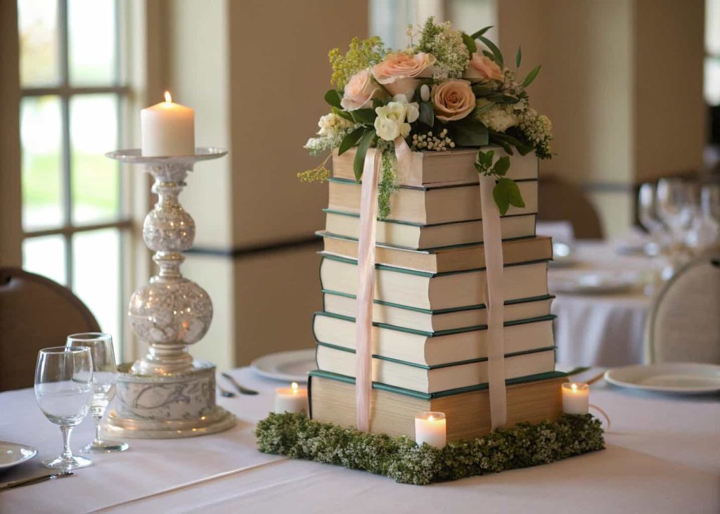 tall stack of books decorated with ribbon and flowers, elegant book tower centerpiece on table