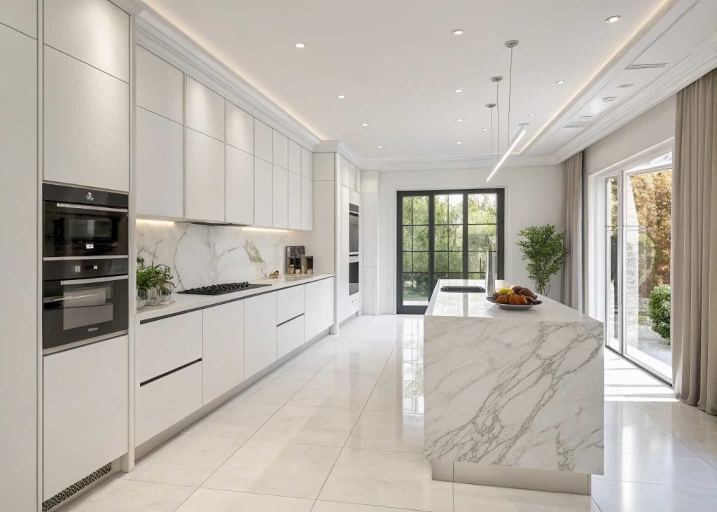 Modern minimalist kitchen with white cabinets, clean lines, marble countertop, bright natural lighting, sleek appliances, elegant modern home kitchen