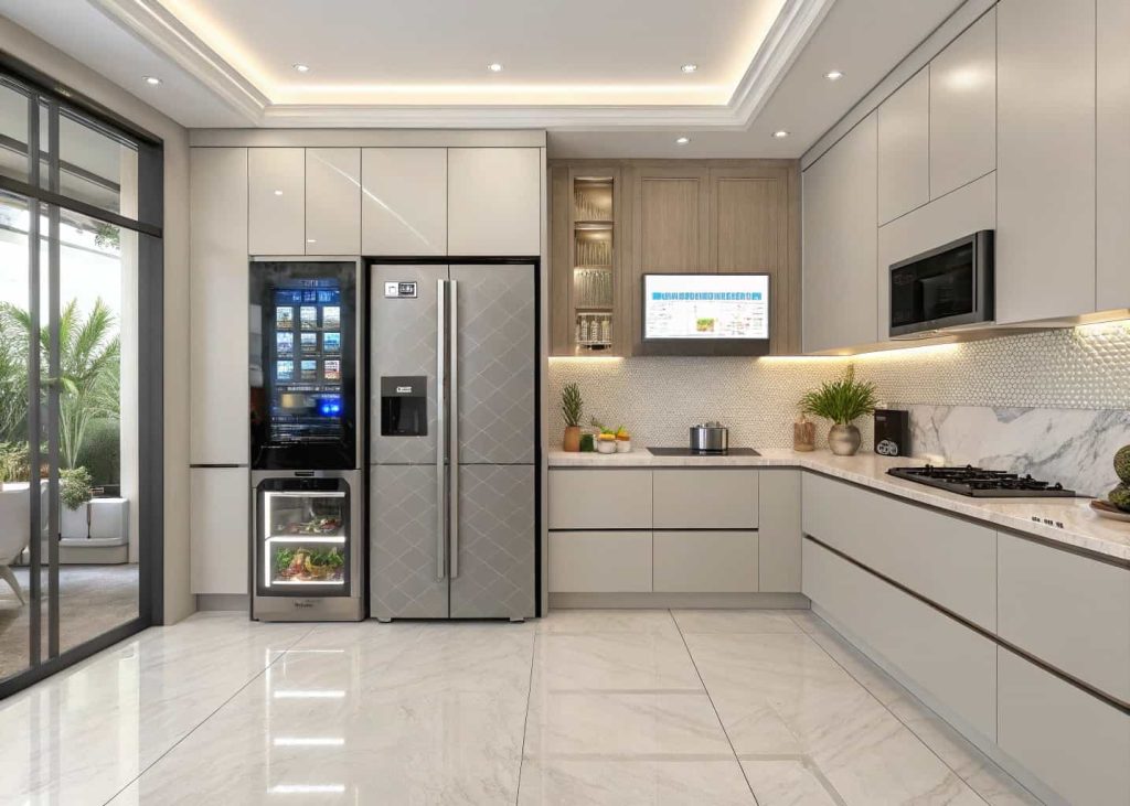 modern smart kitchen with digital refrigerator screen, smart lighting, sleek cabinets, futuristic appliances, clean and elegant interior
