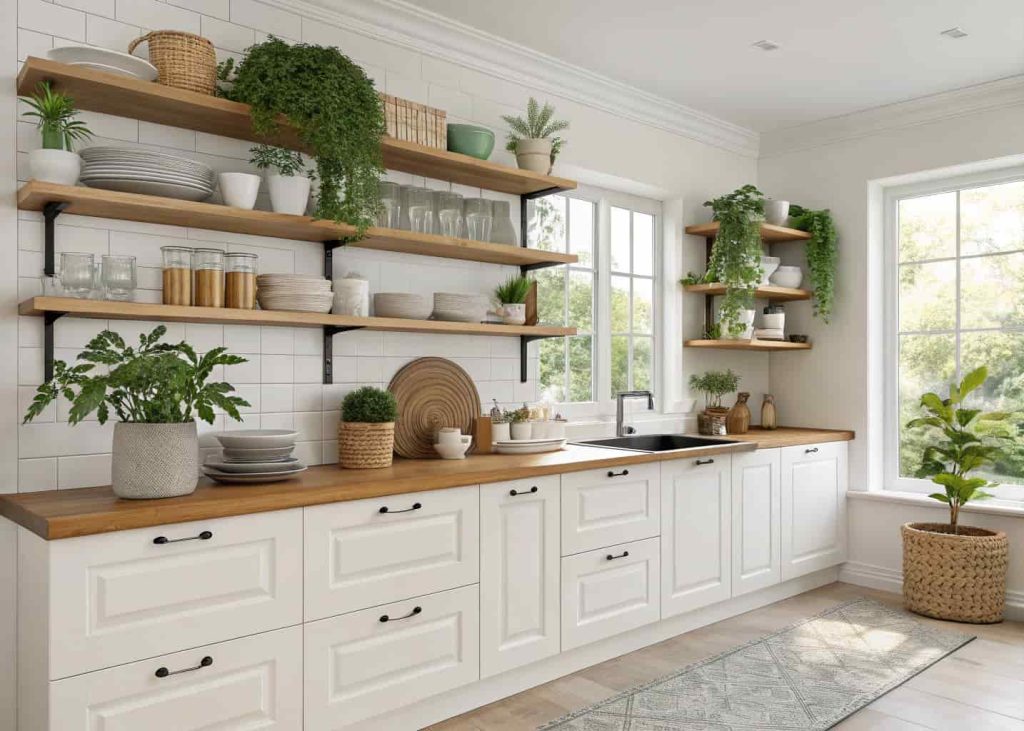 modern kitchen with wooden open shelves, neatly arranged dishes, plants, white cabinets, stylish and bright kitchen interior