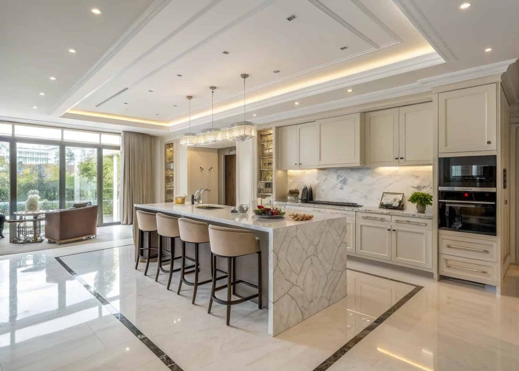 large modern kitchen island with marble countertop, bar stools, elegant cabinets, bright lighting, luxury modern kitchen interior