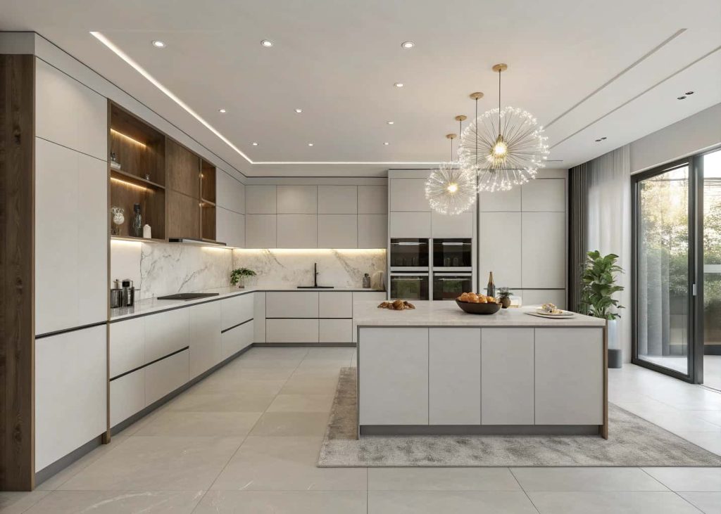 modern handleless kitchen cabinets, sleek flat surfaces, minimalist style, elegant lighting, contemporary kitchen design