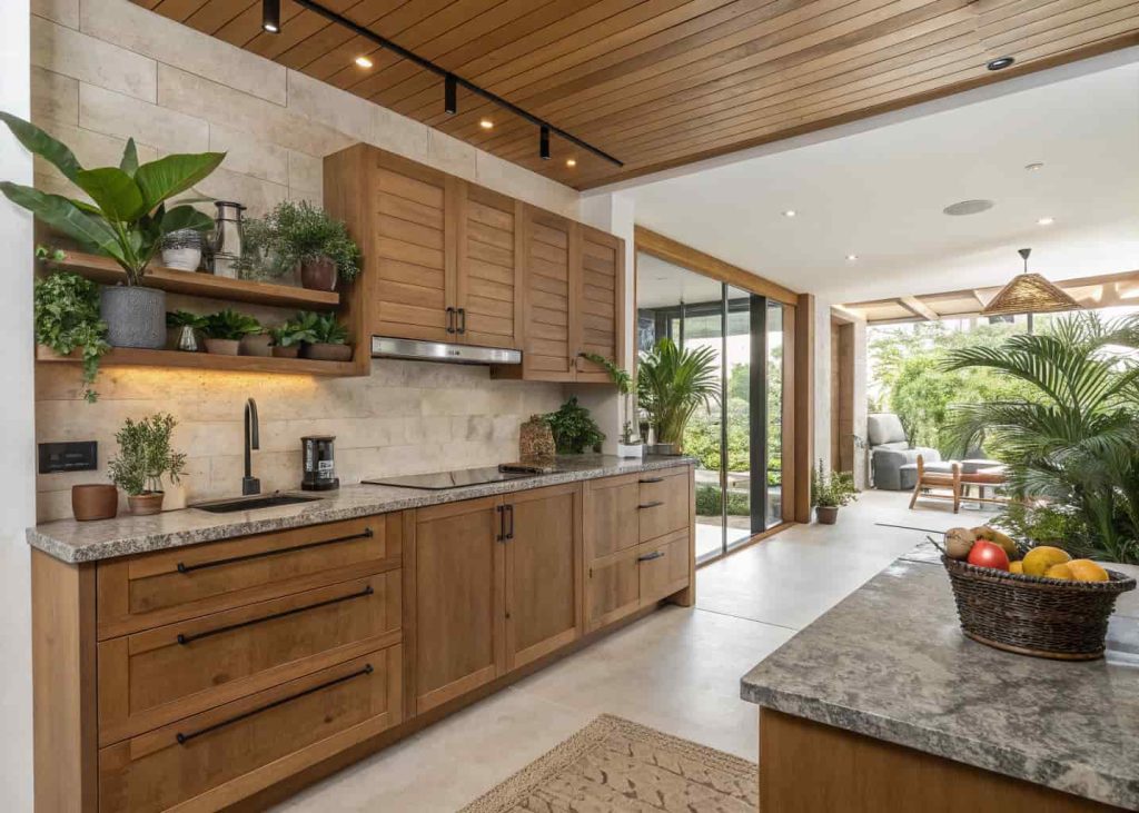 modern kitchen with wood cabinets, stone countertops, natural textures, indoor plants, warm modern kitchen interior