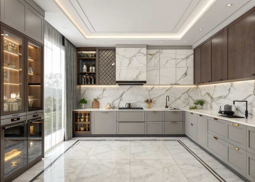 modern kitchen with bold marble backsplash, stylish tiles, sleek cabinets, elegant contemporary kitchen interior
