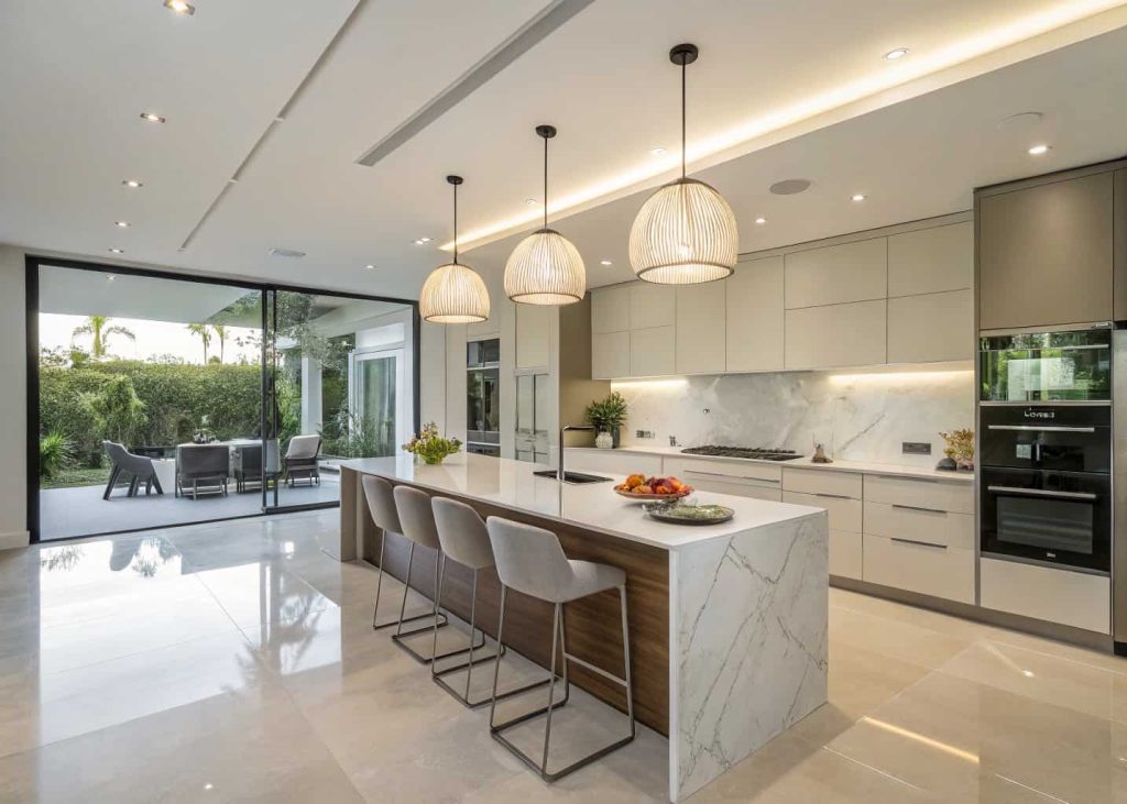 modern kitchen with pendant lights over island, bright lighting, stylish contemporary kitchen interior