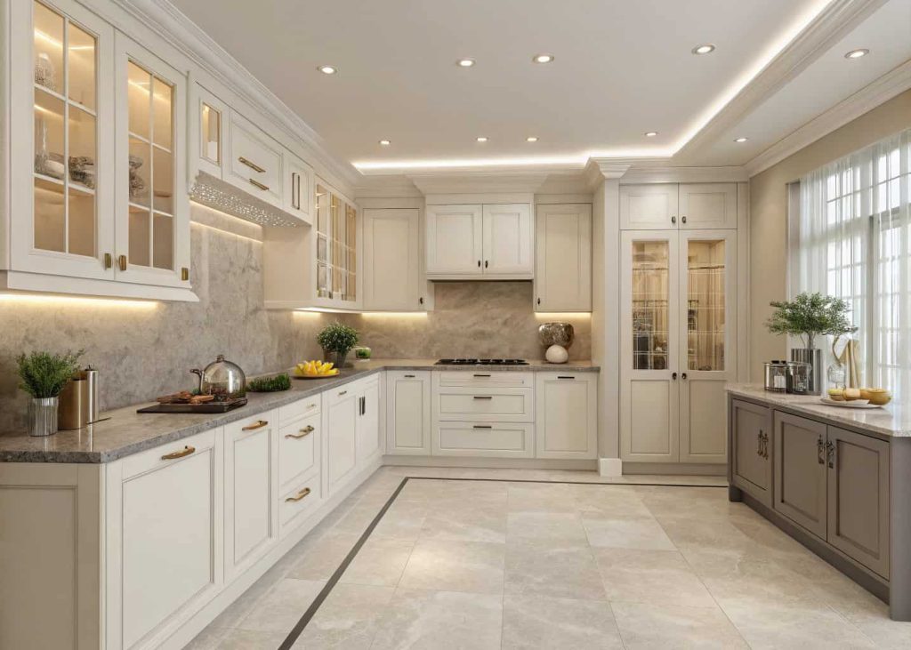 elegant modern kitchen with neutral colors, white cabinets, grey countertops, clean and bright contemporary kitchen design