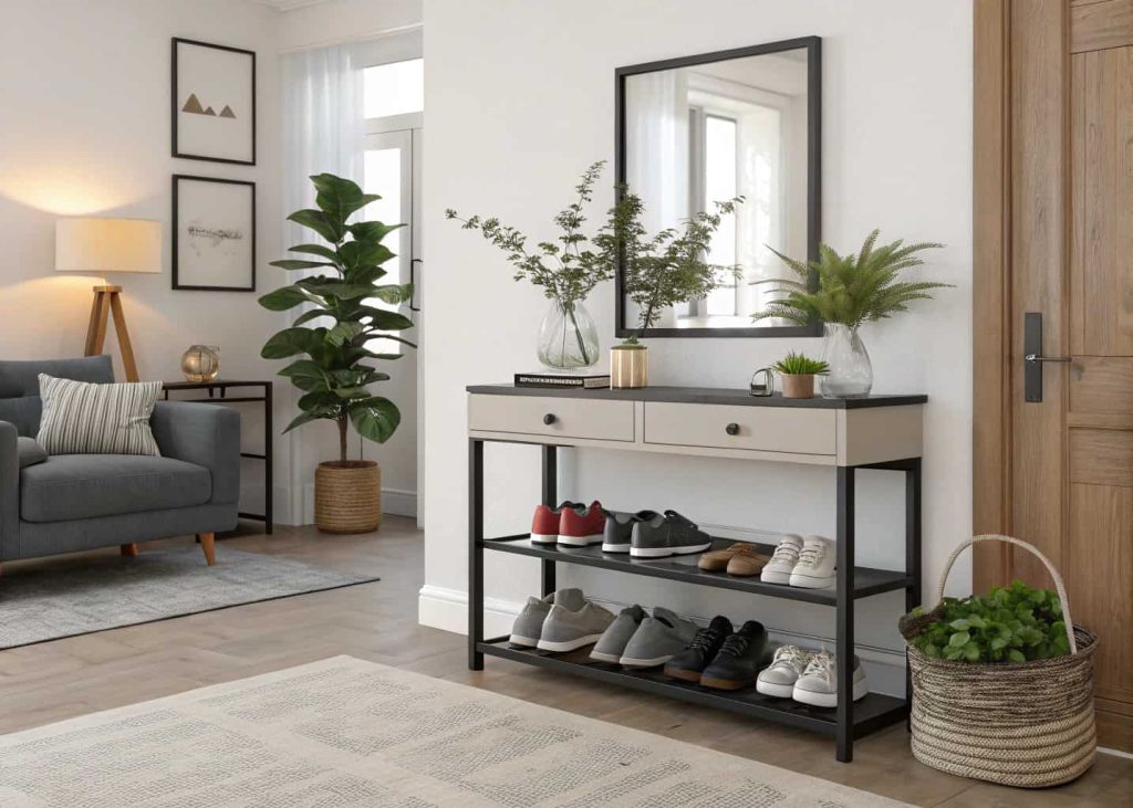 Elegant entryway shoe rack styled as console table, modern living room decor, indoor plants, mirror above cabinet, soft lighting, small apartment layout