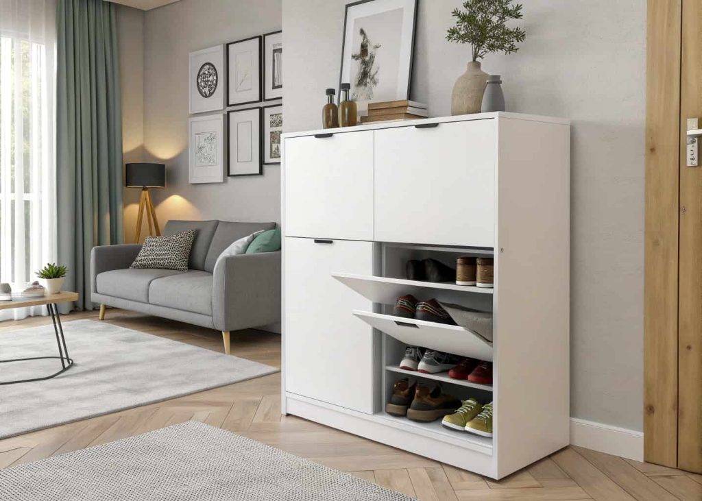 Minimalist hidden shoe cabinet in modern living room, handleless white storage unit, clean interior styling, neutral color palette, contemporary apartment design