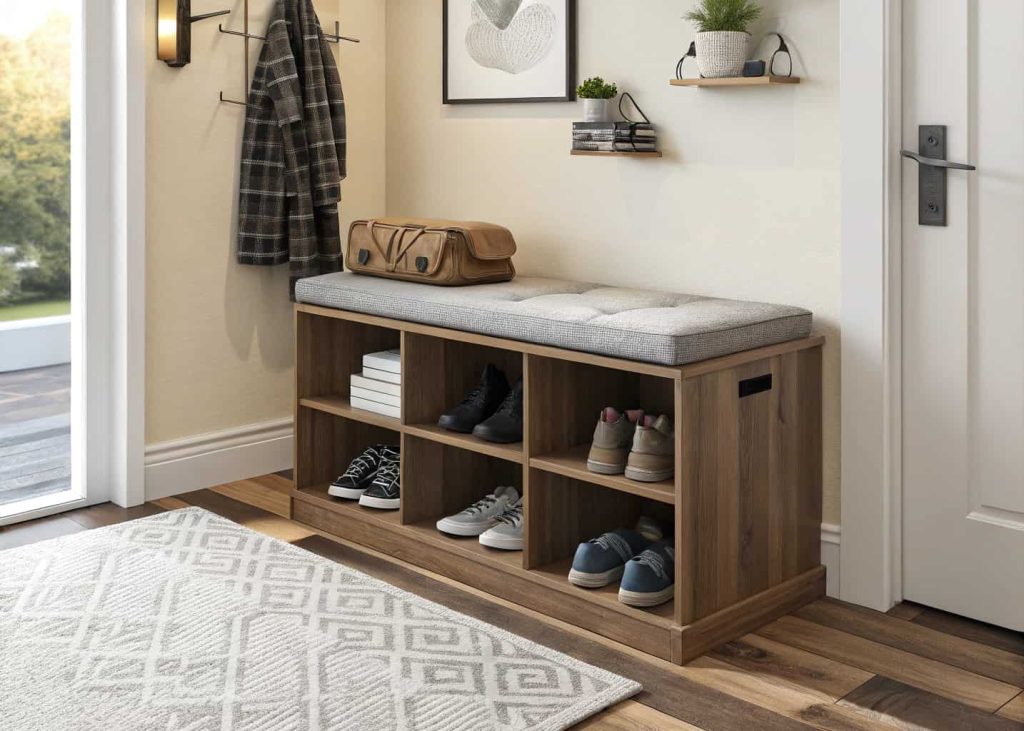 Modern shoe rack bench with cushioned seating, small living room entrance setup, cozy textures, wooden storage bench, minimalist apartment interior