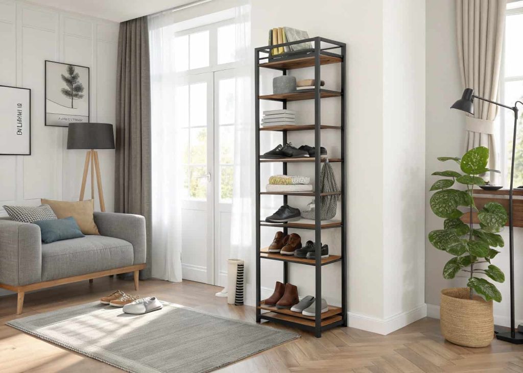 Tall vertical shoe rack placed in living room corner, modern apartment interior, wooden and metal shelving, styled decor items, bright natural light