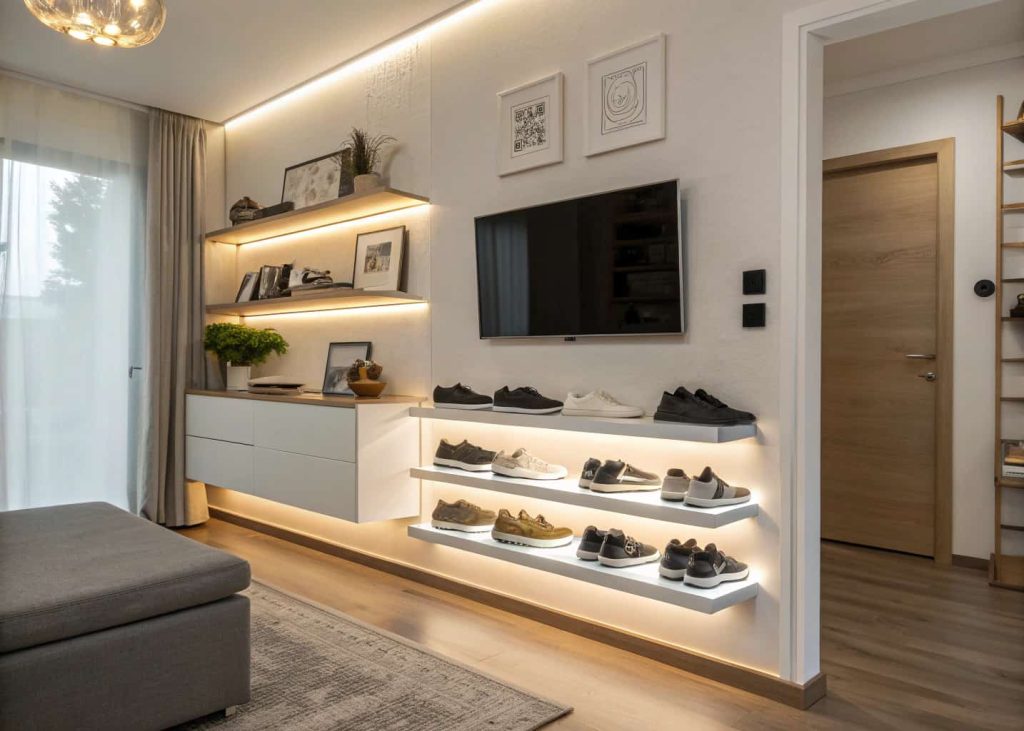 Wall-mounted floating shoe rack with LED lighting, minimalist living room design, Scandinavian style interior, clean walls, modern decor aesthetic
