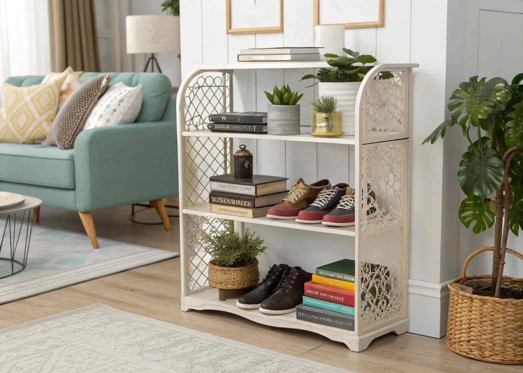 Decorative open shoe rack styled with books and plants, modern living room shelving unit, aesthetic organization, contemporary home decor styling
